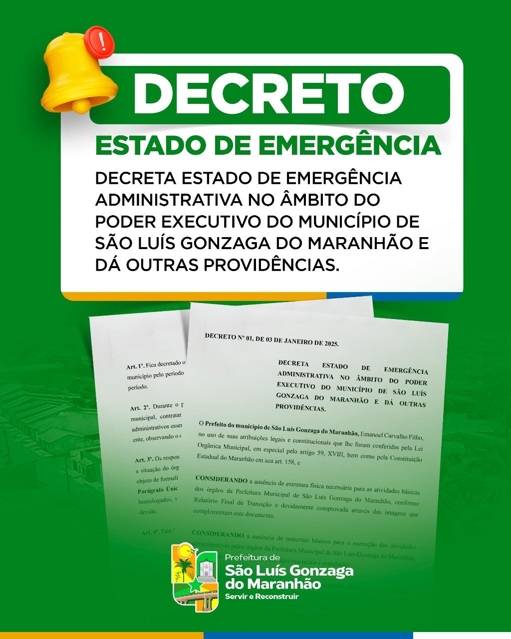 Prefeitura de São Luís Gonzaga do Maranhão decreta estado de emergência administrativa